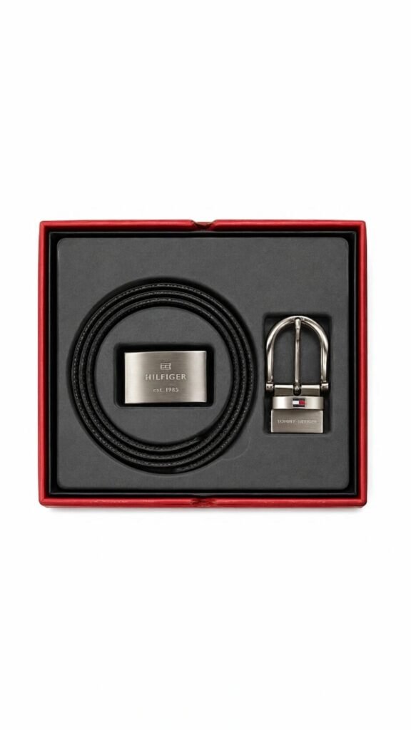 Tommy Hilfiger Men's Reversible Leather Belt and Buckles Gift Set-טומי מארז מתנה חגורת עור דו-צדדית לגברים עם אבזמים מתחלפים.