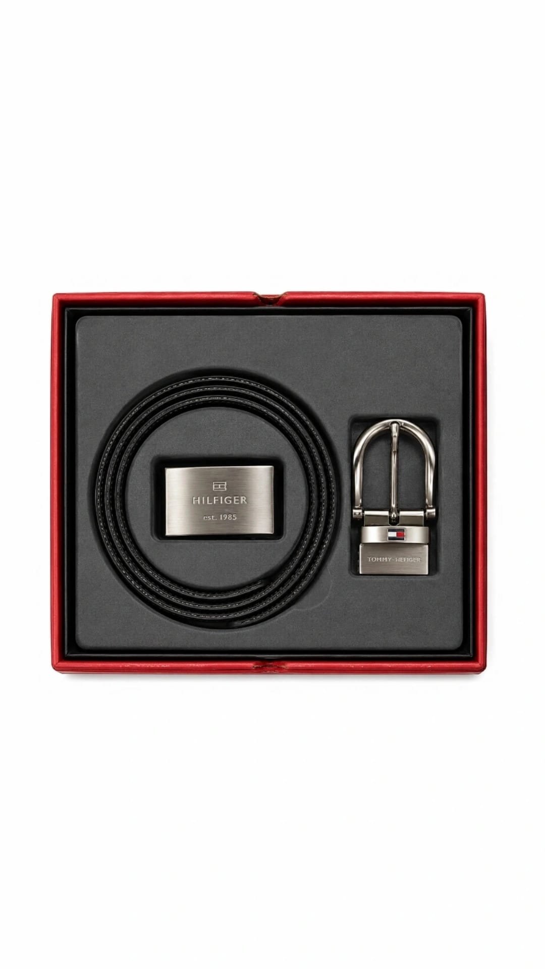 Tommy Hilfiger Men's Reversible Leather Belt and Buckles Gift Set-טומי מארז מתנה חגורת עור דו-צדדית לגברים עם אבזמים מתחלפים.