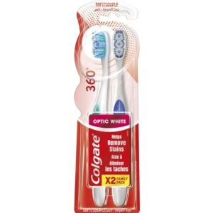Colgate 360° Optic White – קולגייט מברשת שיניים לניקוי מקיף עם סיבי גומי להסרת כתמים ומנקה לשון.