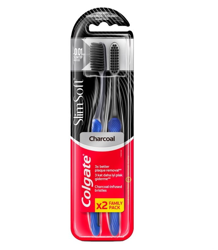 Colgate Slim Soft Charcoal Toothbrush-קולגייט סלים סופט פחם (מברשת שיניים רכה במיוחד) מארז זוג.