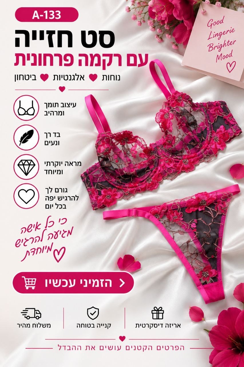 סט חזייה ותחתון לנשים בגוון פוקסיה עם תחרה פרחונית