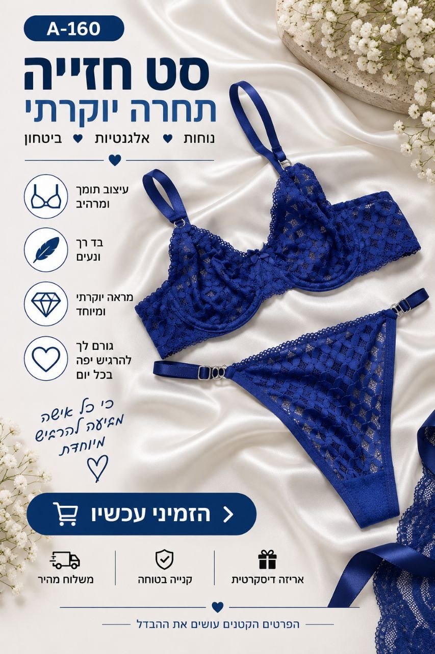 סט חזייה ותחתון לנשים בגוון כחול עם תחרה
