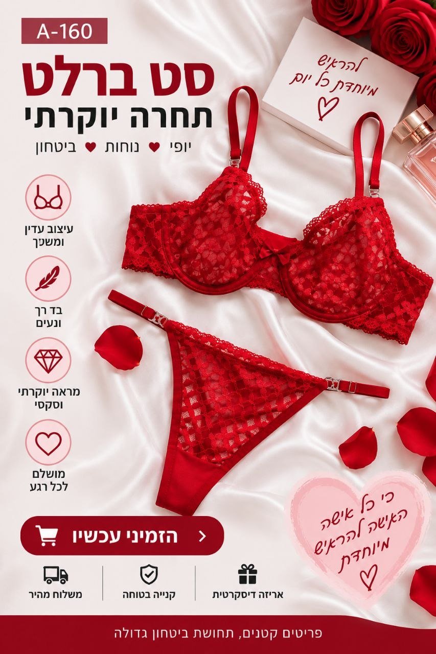 סט חזייה ותחתון לנשים בגוון אדום עם תחרה