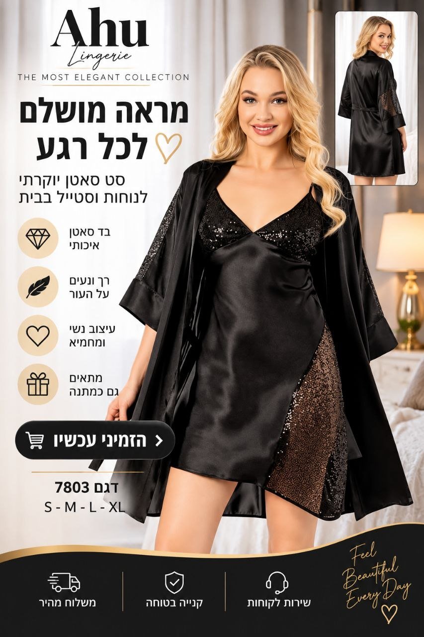 סט סאטן לנשים בגוון שחור – כותונת + חלוק
