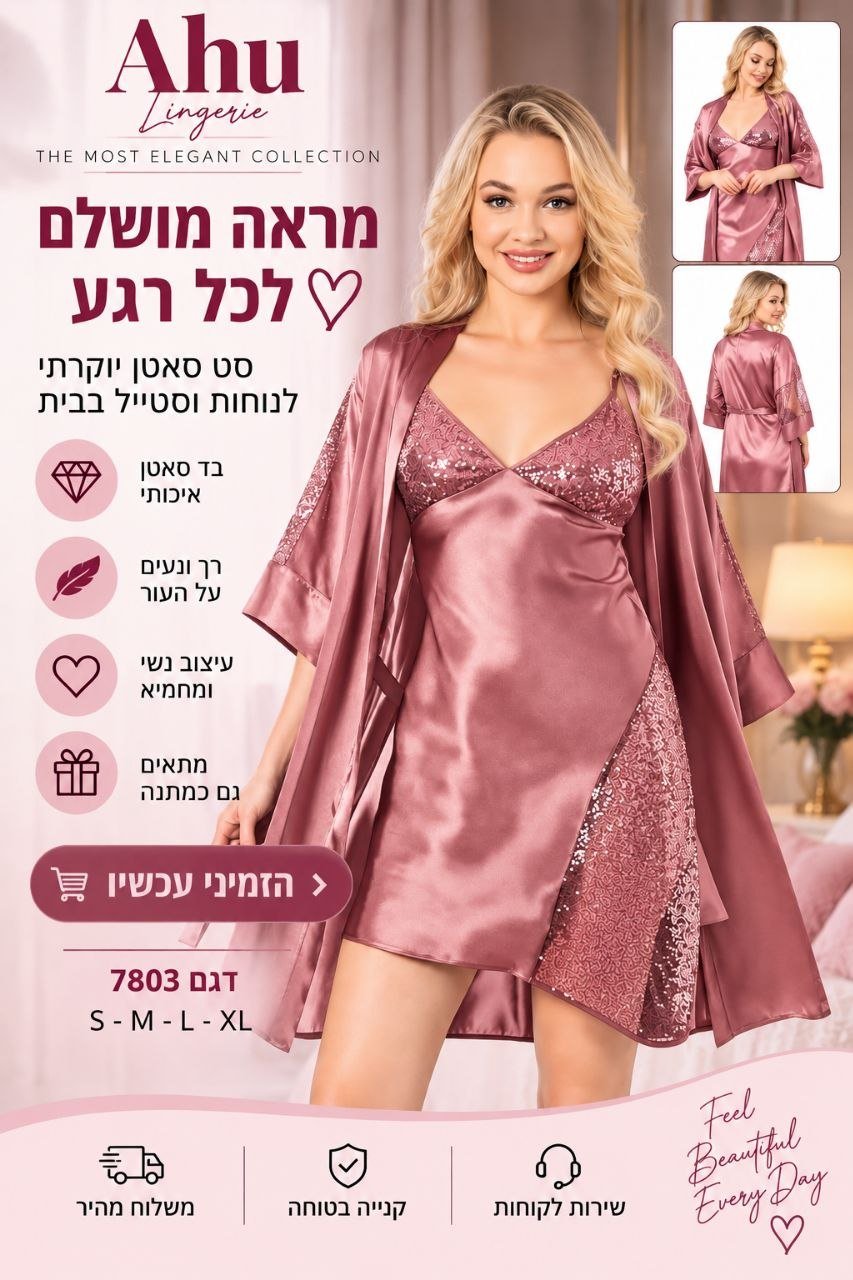 סט סאטן לנשים בגוון ורוד עתיק – כותונת + חלוק