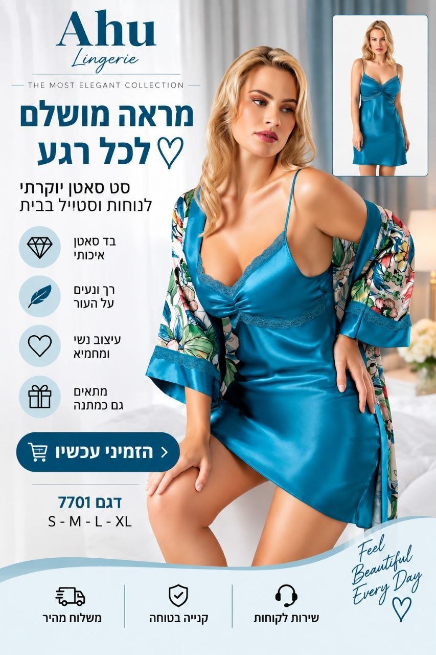 סט סאטן לנשים בגוון טורקיז – כותונת + חלוק