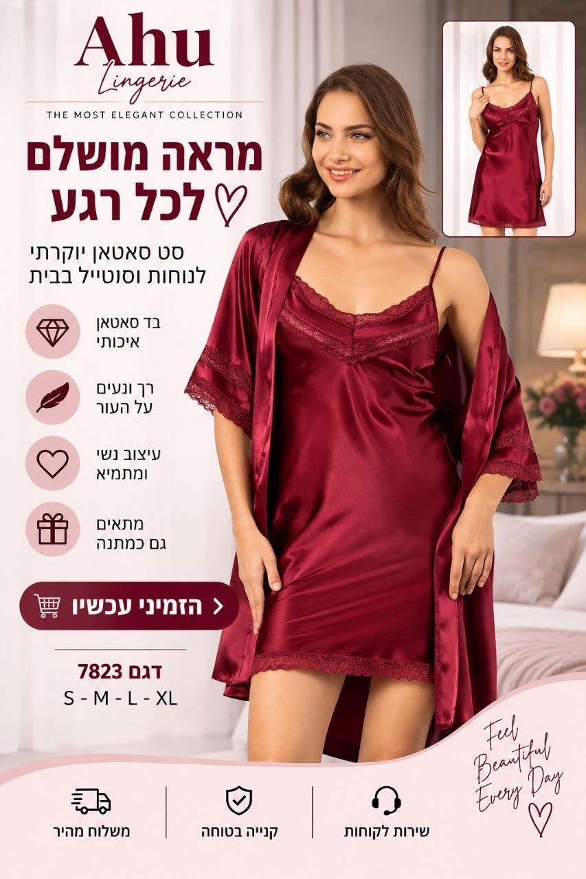 סט סאטן לנשים בגוון בורדו – כותונת + חלוק