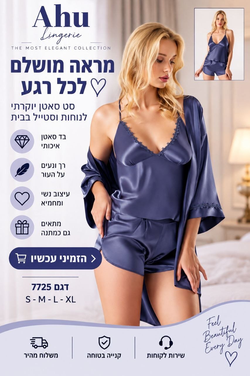 סט סאטן לנשים בגוון כחול נייבי – גופייה + מכנס קצר + חלוק