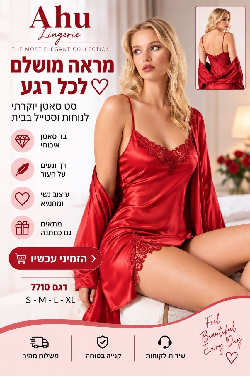 סט סאטן לנשים בגוון אדום – כותונת + חלוק