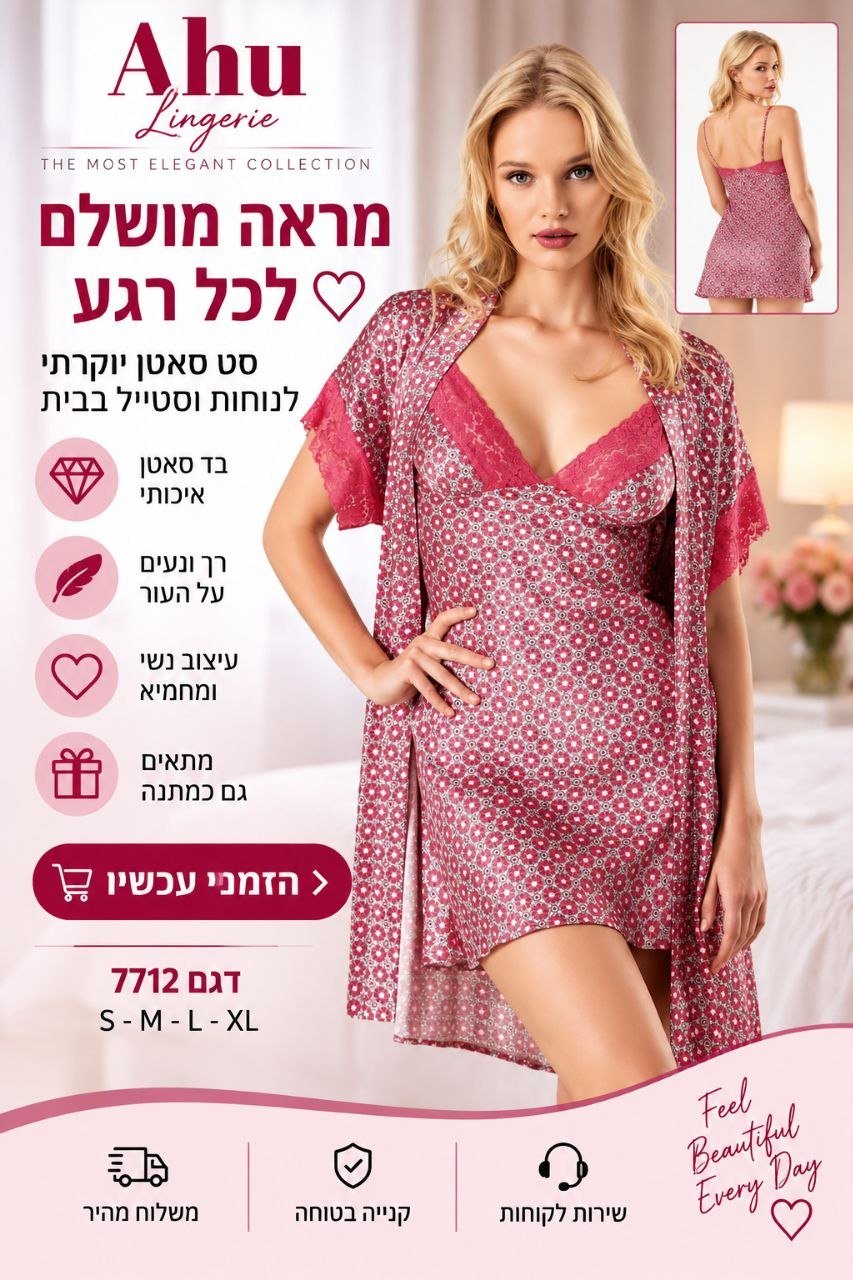 סט סאטן לנשים בגוון ורוד עם הדפס – כותונת + חלוק
