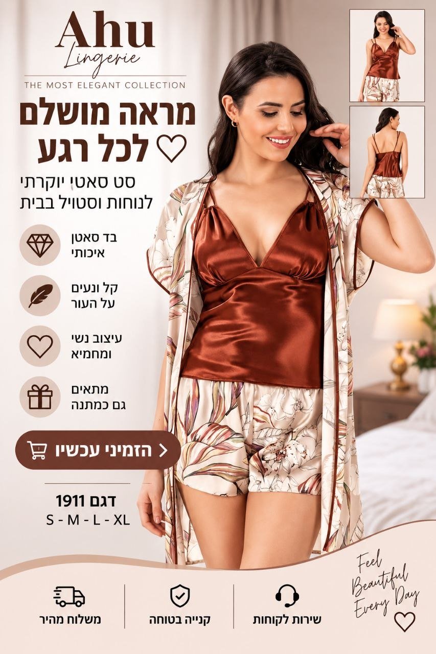 סט סאטן לנשים בגוון חום עם הדפס פרחוני – גופייה + מכנס קצר + חלוק