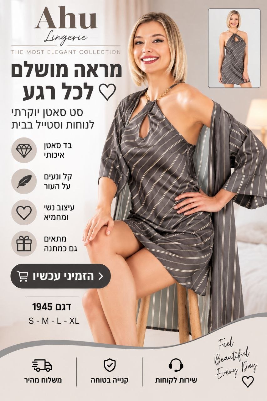 סט סאטן לנשים בגוון אפור עם פסים – כותונת + חלוק