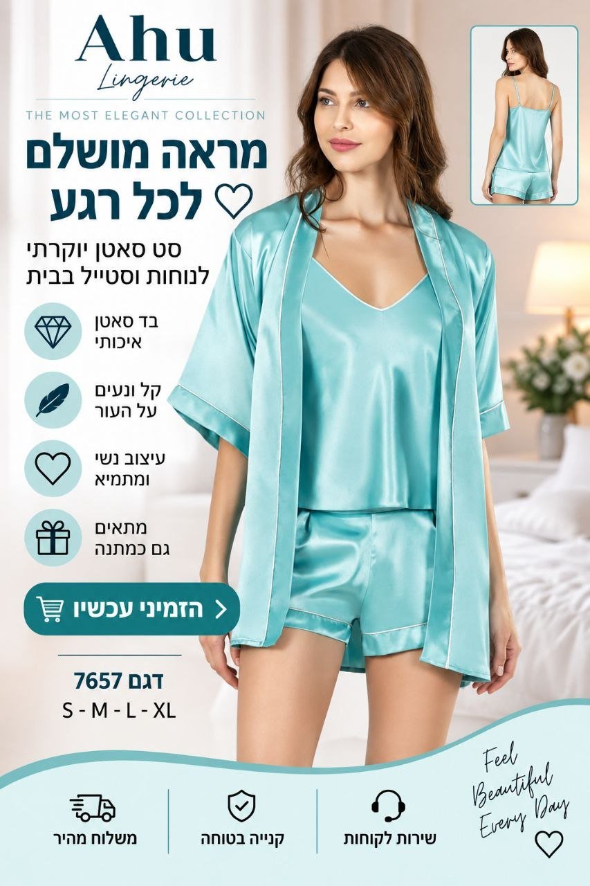 סט סאטן לנשים בגוון טורקיז – גופייה + מכנס קצר + חלוק
