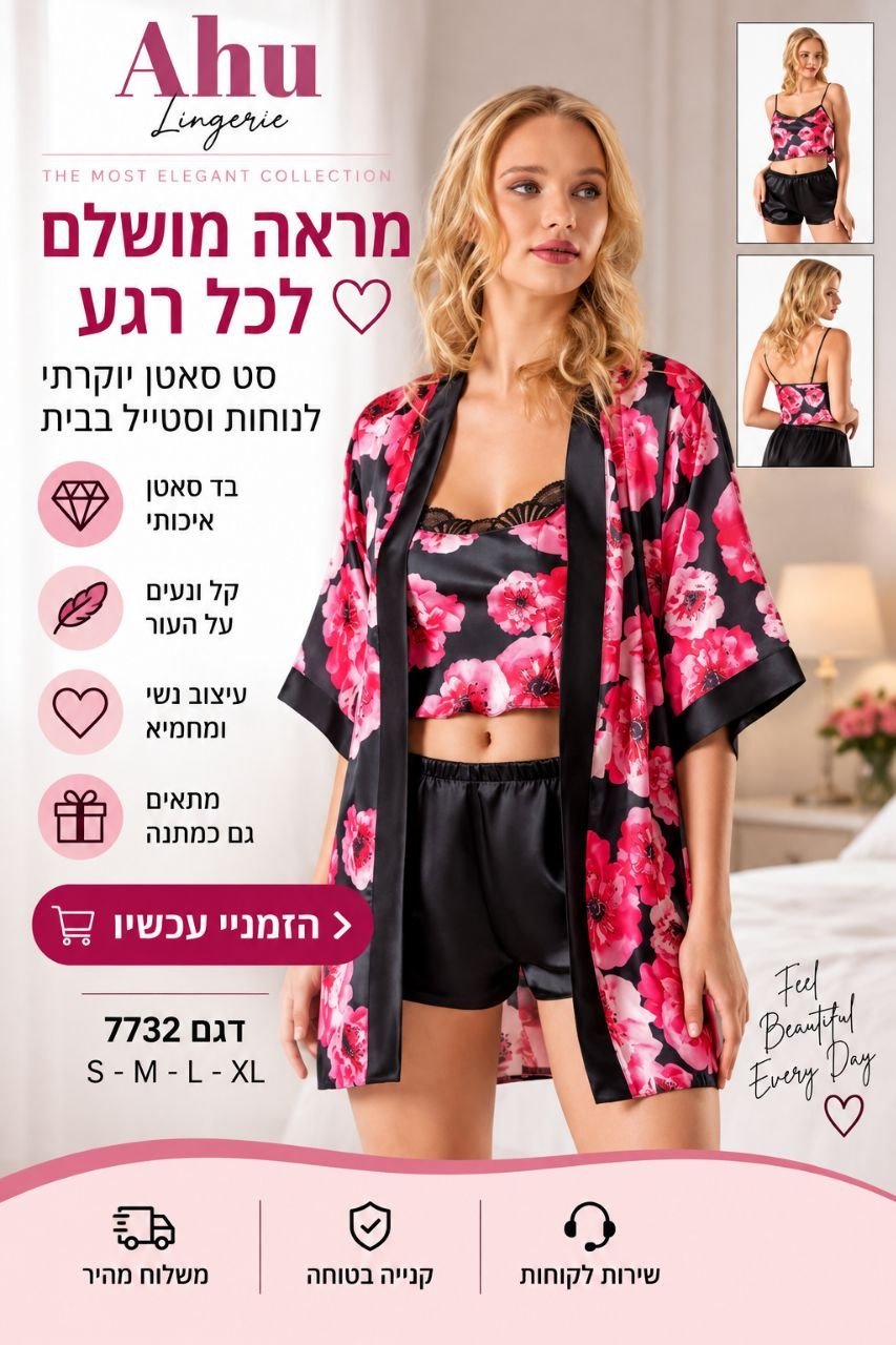 סט סאטן לנשים בגוון שחור עם הדפס פרחוני ורוד – טופ + מכנס קצר + חלוק