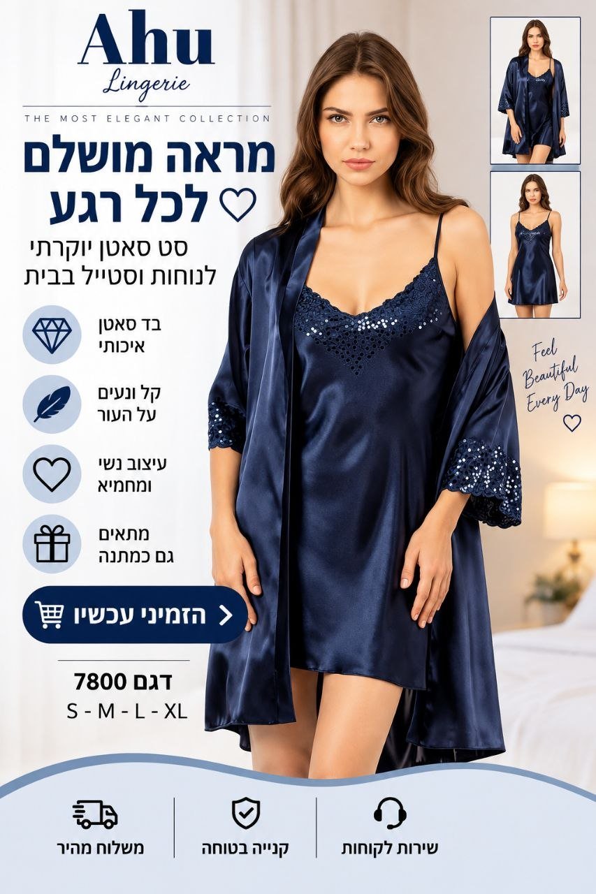 סט סאטן לנשים בגוון כחול נייבי – כותונת + חלוק