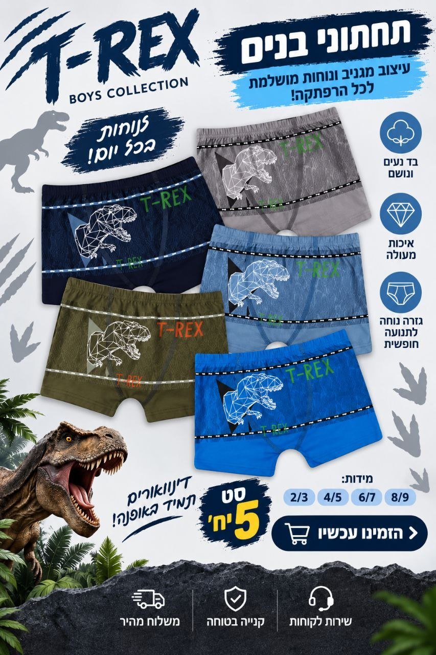 תחתוני בוקסר לבנים T-REX דינוזאור – מידות 2–9