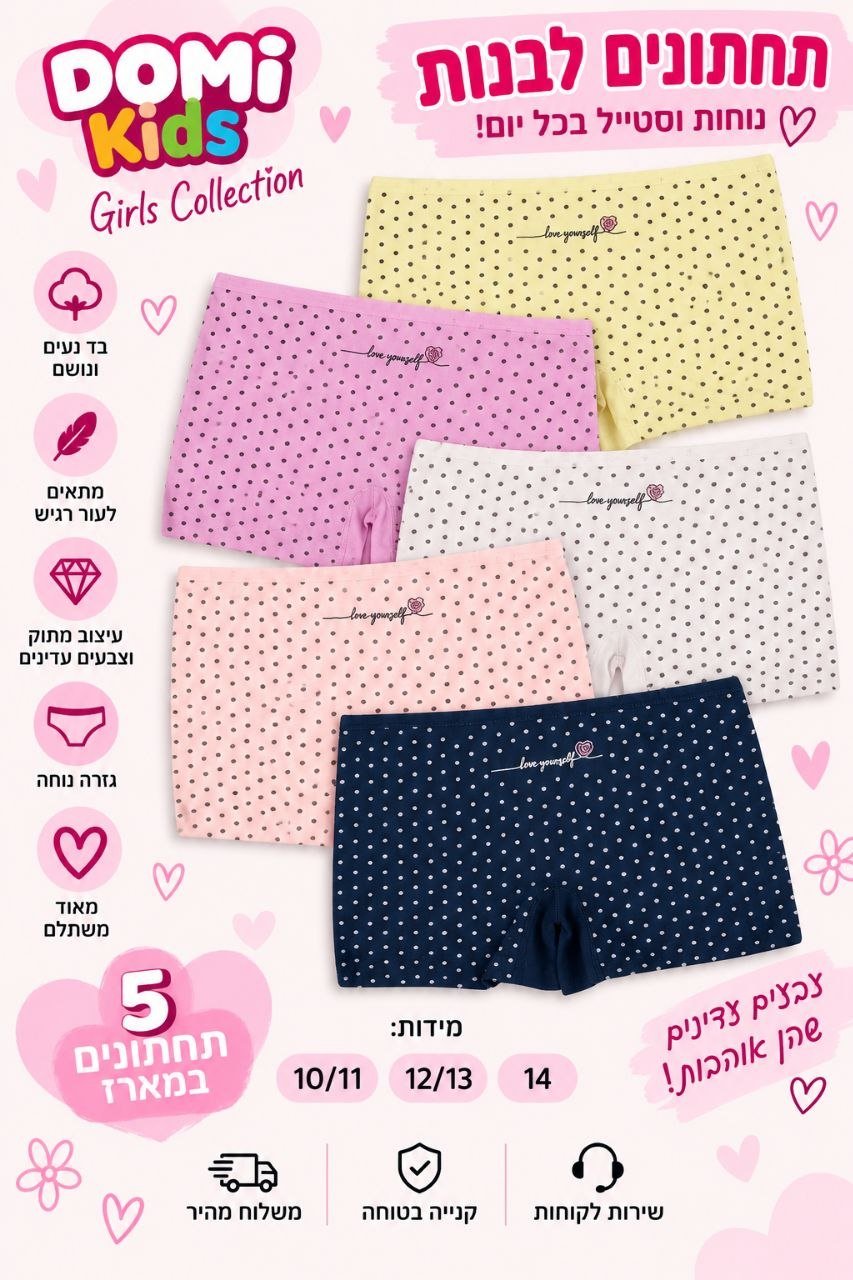מארז 5 תחתוני בוקסר לבנות DOMI Kids – מידות 10–14