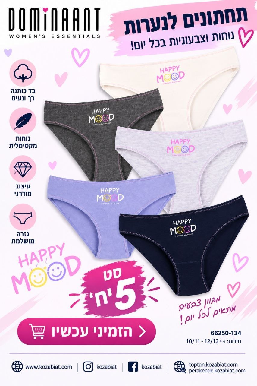 מארז 5 תחתוני נערות DOMINANT Happy Mood – מידות 10–14+