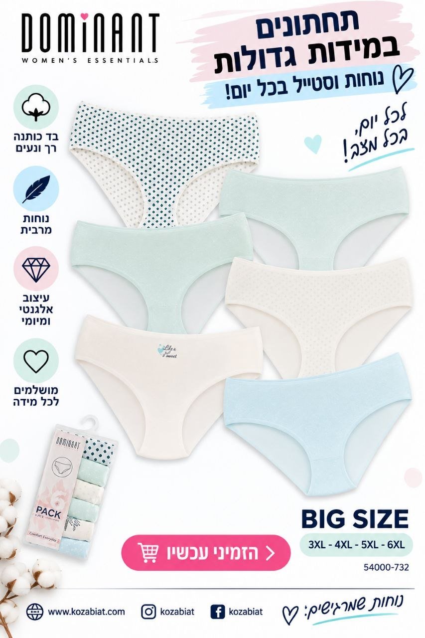 מארז 6 תחתוני נשים DOMINANT מידות גדולות 3XL–6XL