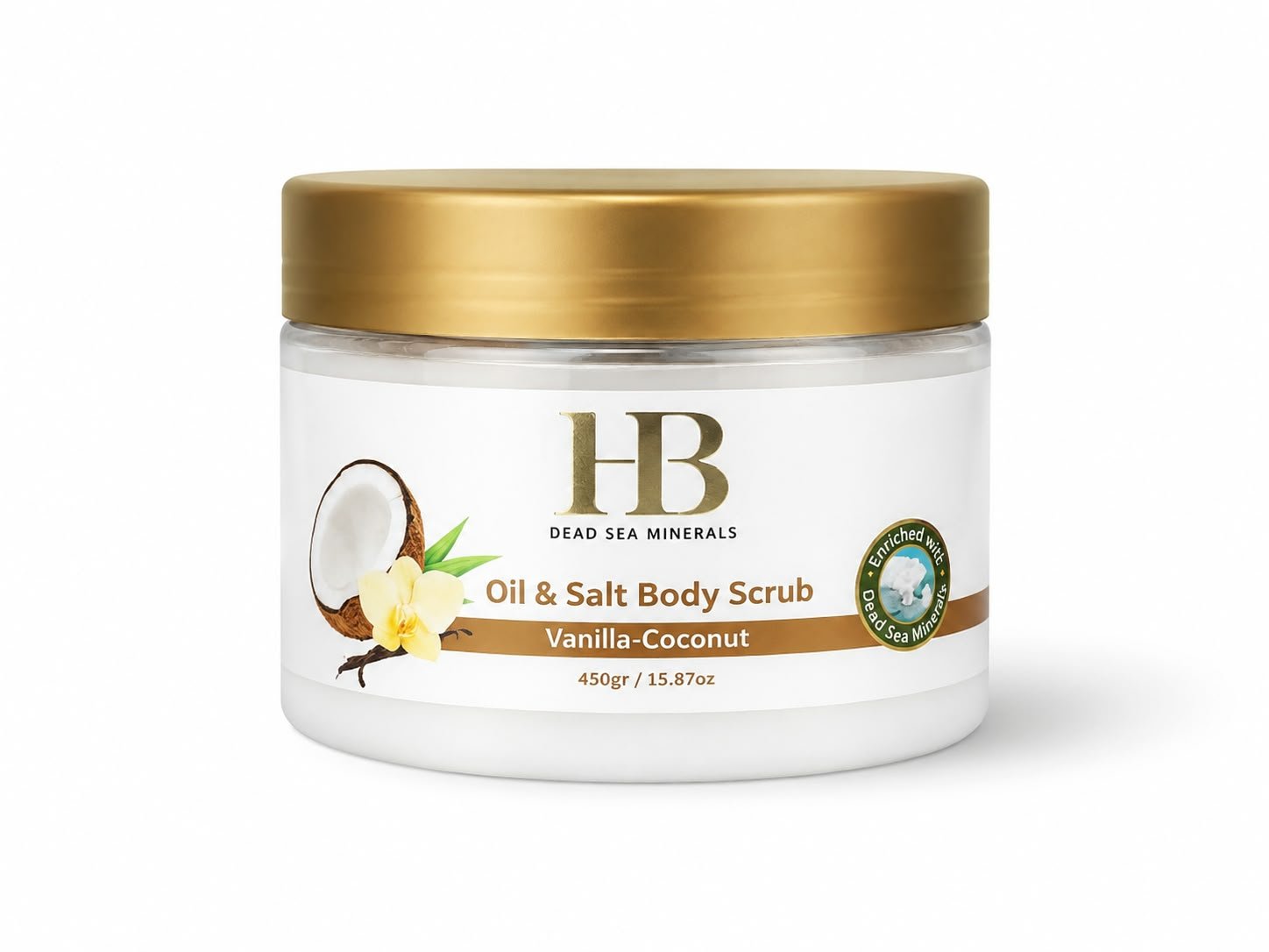 שם המוצר: HB Dead Sea Minerals Oil & Salt Body Scrub Vanilla-Coconut – פילינג גוף וניל וקוקוס, 450 גרם