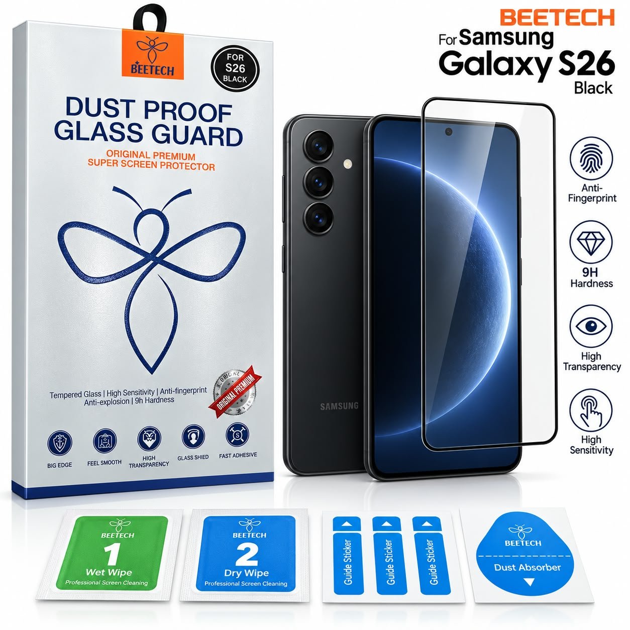מגן מסך זכוכית BEETECH Dust Proof ל־Samsung Galaxy S26 – שחור