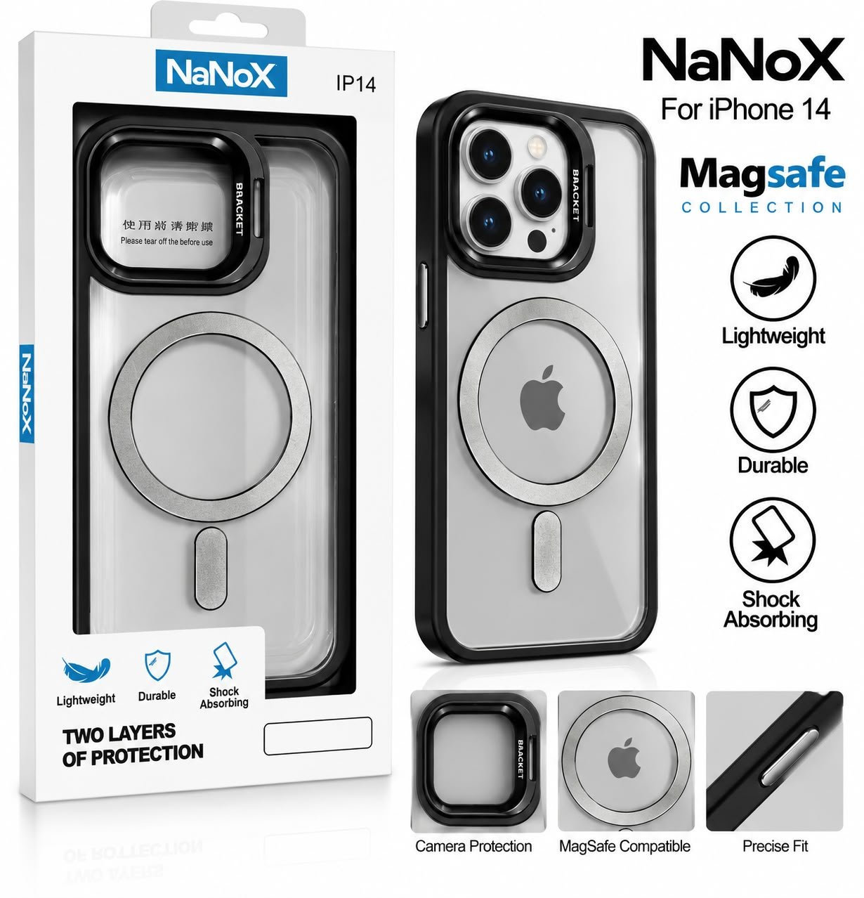 כיסוי NaNoX Matte Metal MagSafe Window ל־ iPhone 14 – שקוף עם מסגרת שחוה