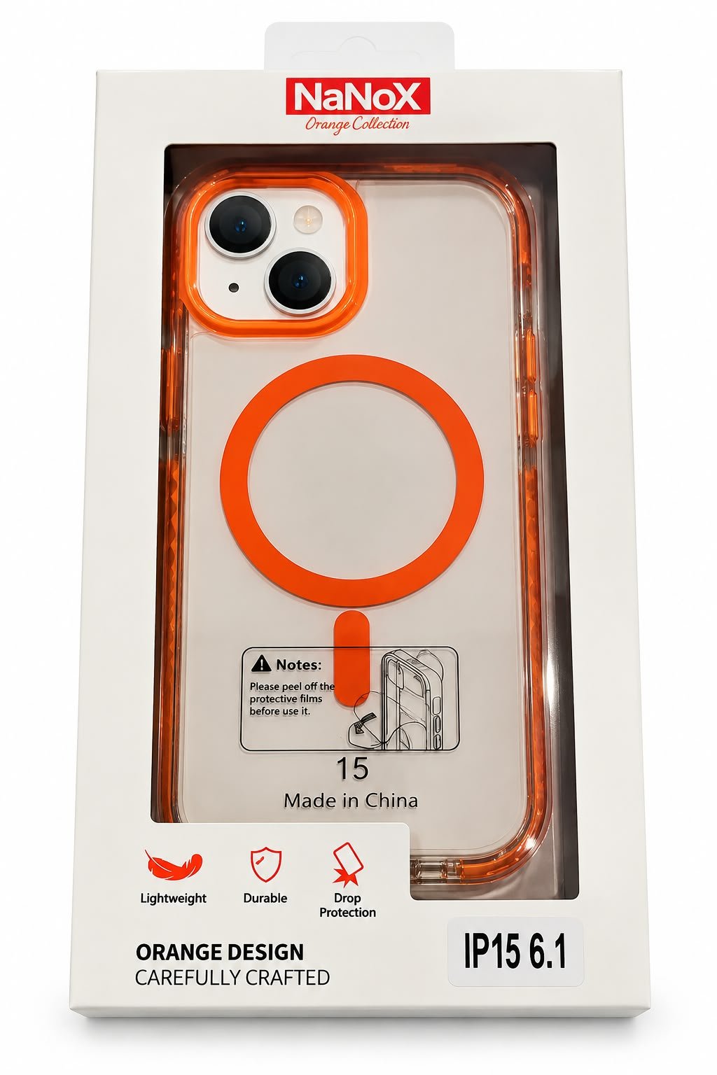 כיסוי NaNoX Orange MagSafe לאייפון 15 (6.1") – שקוף עם מסגרת כתומה
