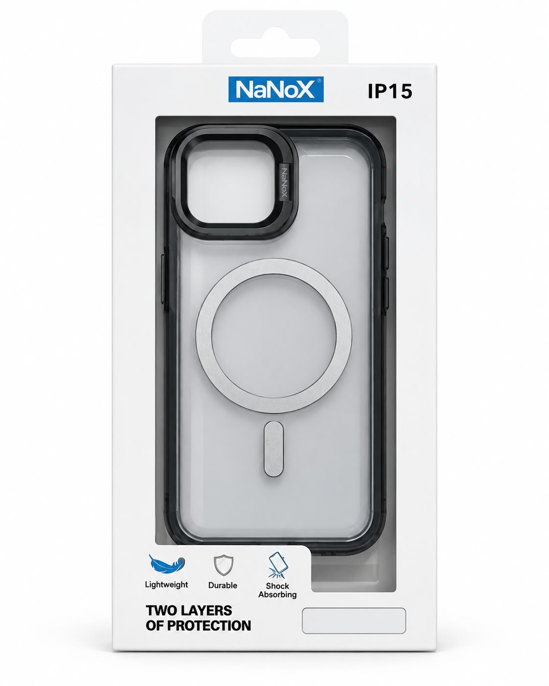 כיסוי NaNoX MagSafe לאייפון 15 ‏(6.1") – שקוף עם מסגרת שחורה וטבעת כסופה
