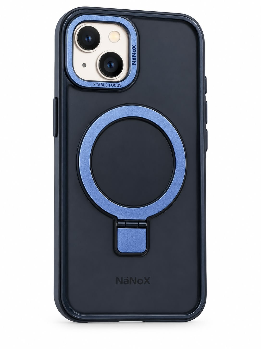 כיסוי NaNoX MagSafe עם טבעת מעמד לאייפון 14 – שחור עם מסגרת כחולה