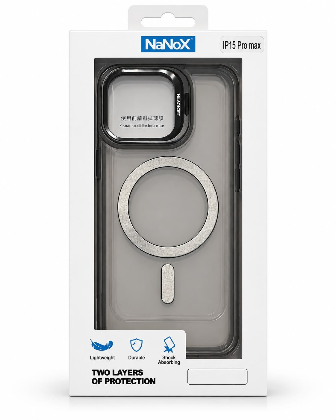 כיסוי NaNoX MagSafe לאייפון 15 Pro Max – שקוף מעושן עם טבעת כסופה