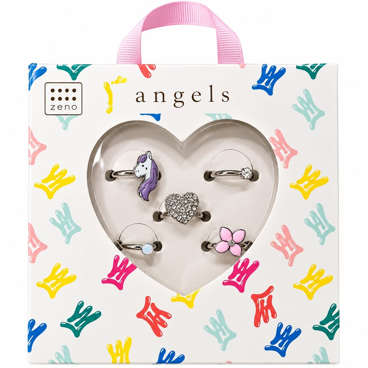 סט 5 טבעות לילדות ZENO Angels – חד קרן, לב ופרח