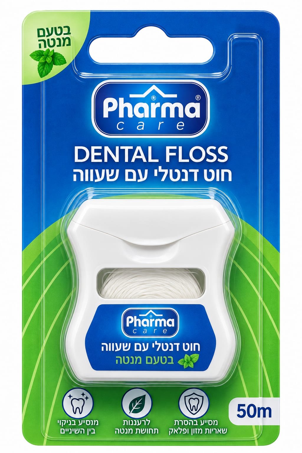 חוט דנטלי Pharma Care עם שעווה בטעם מנטה – 50 מטר