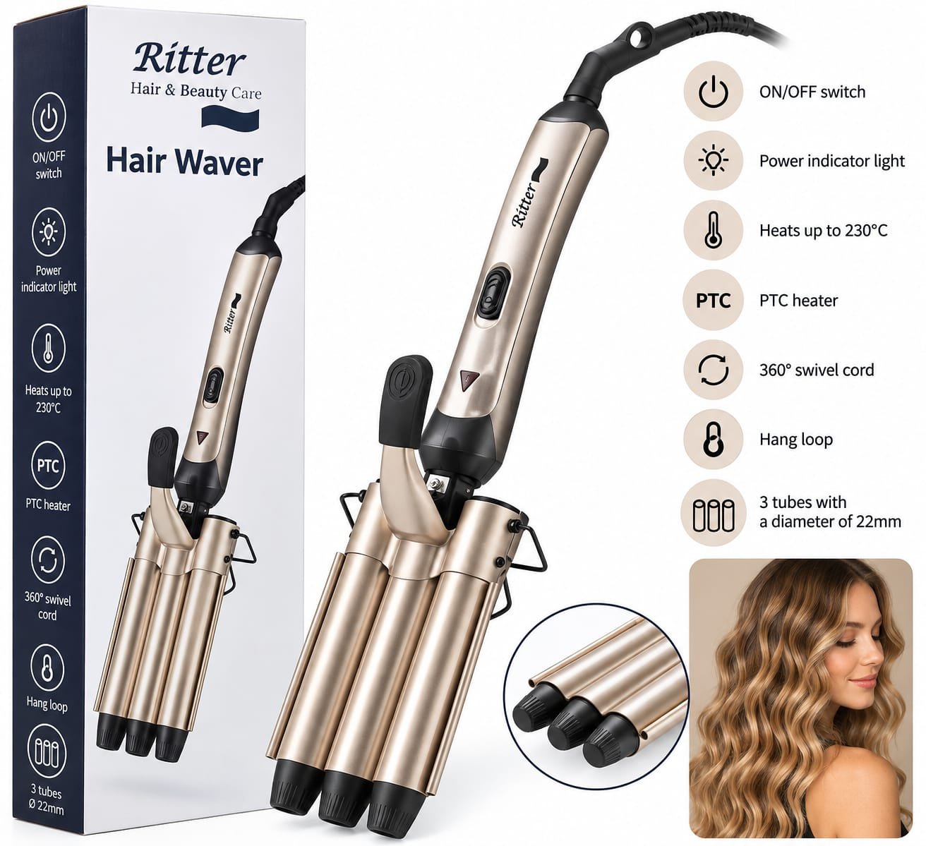 Ritter Hair Waver – מכשיר גלים לשיער 3 גלילים 22 מ״מ