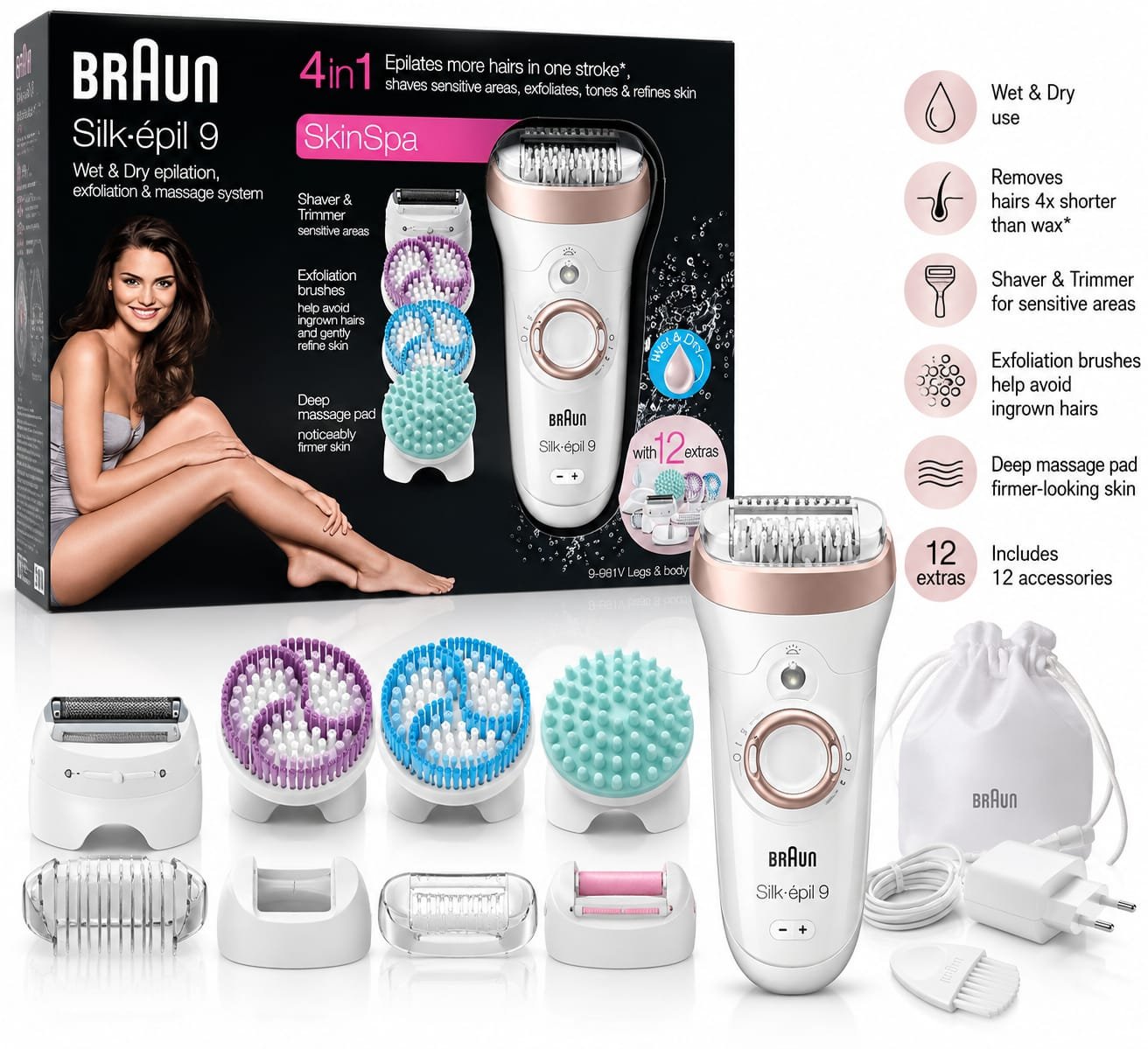 Braun Silk-épil 9 SkinSpa 4-in-1 9-961V – אפילטור Wet & Dry עם 12 אביזרים