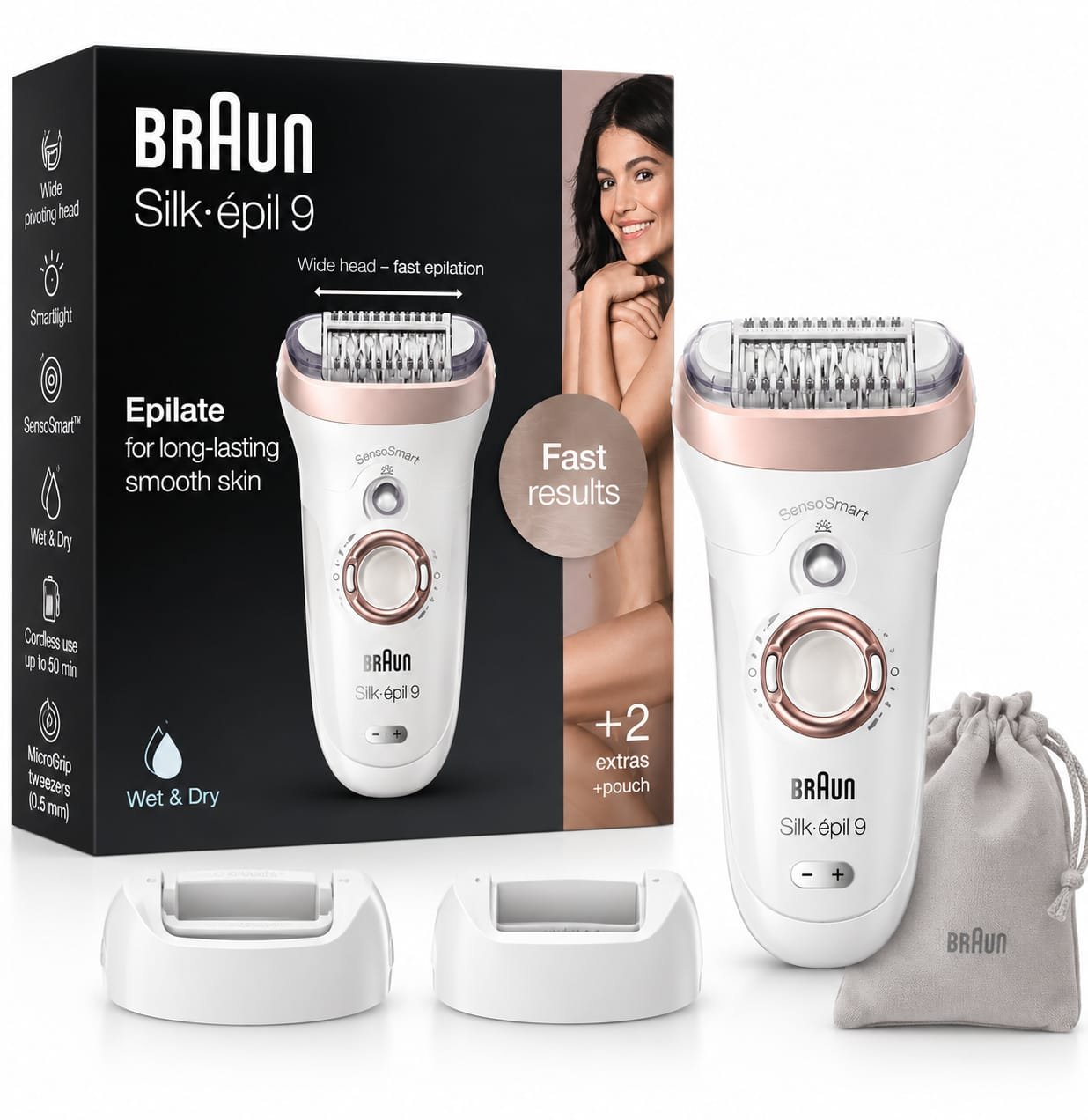 Braun Silk-épil 9 Wet & Dry – אפילטור עם ראש רחב + 2 אביזרים ונרתיק