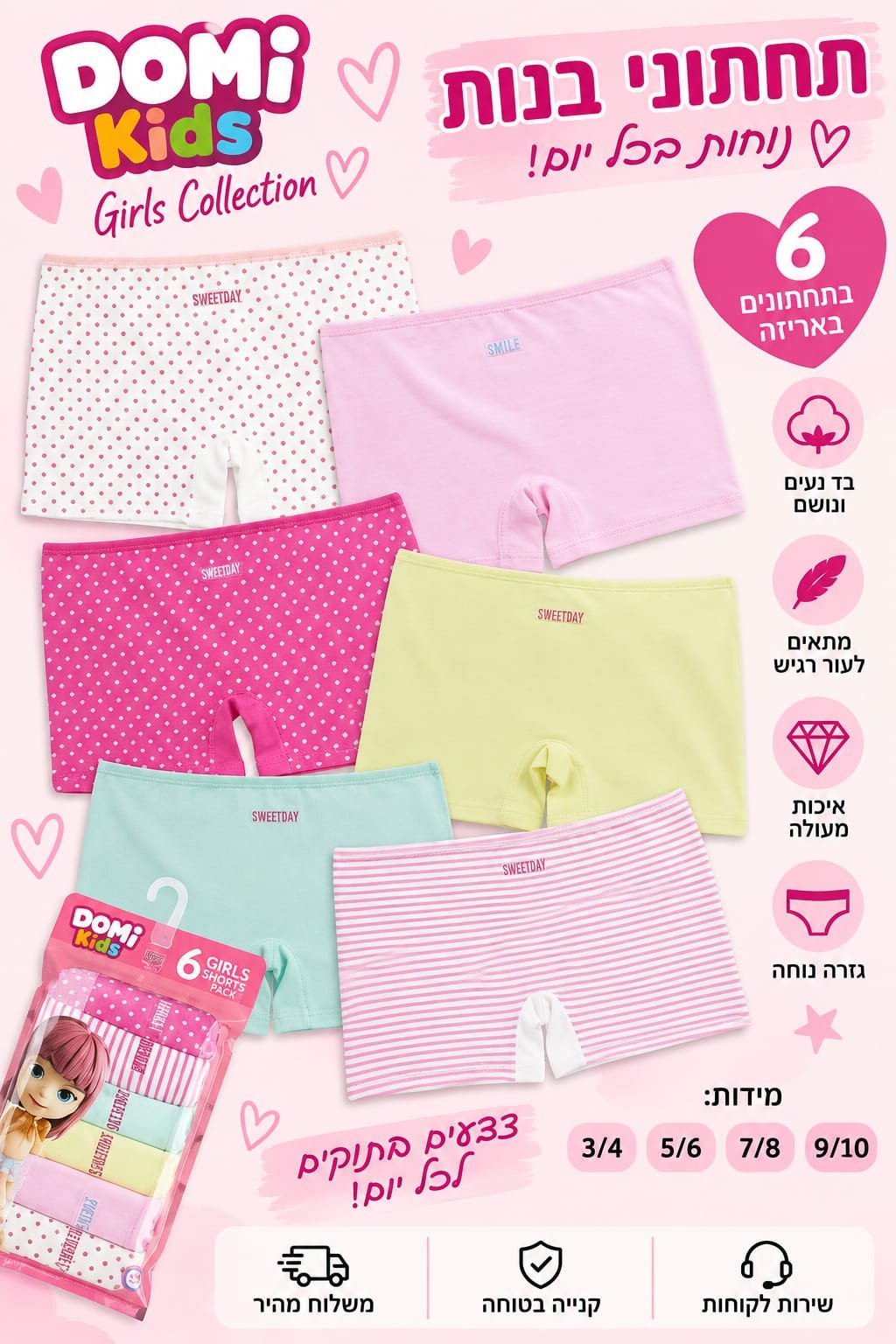 מארז תחתוני בוקסר לבנות – 6 יחידות