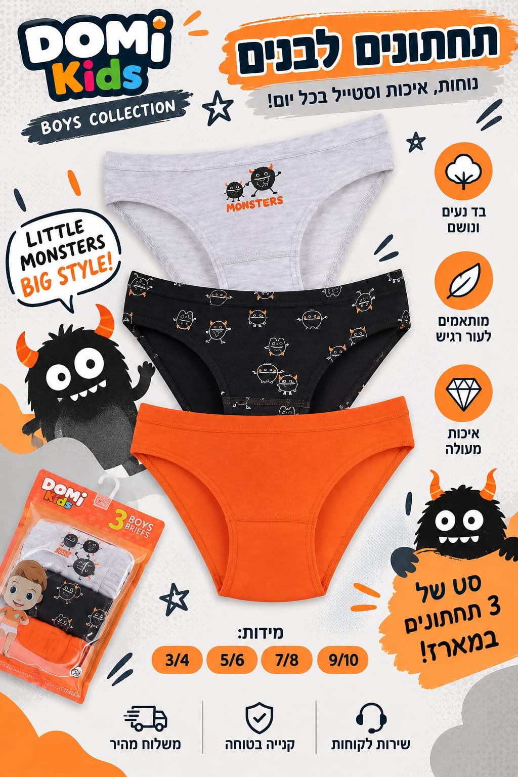 מארז 3 תחתוני בנים DOMI Kids Monsters