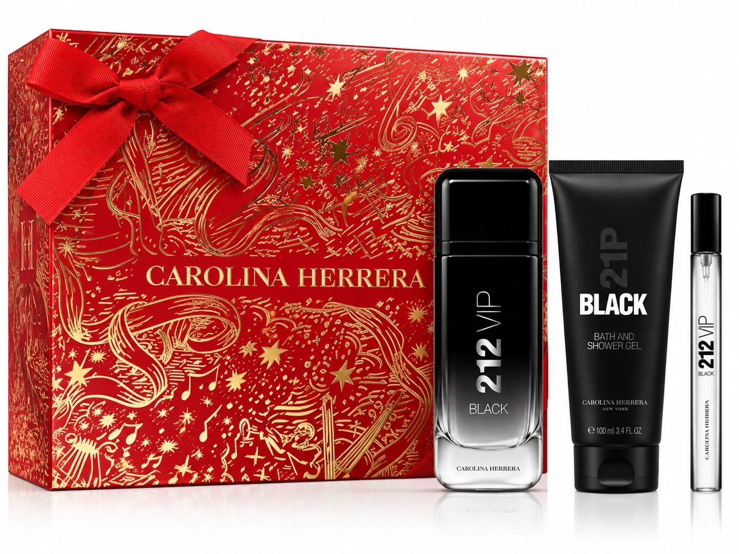 Carolina Herrera 212 VIP Black – מארז לגבר EDP 100 מ״ל + ג׳ל רחצה 100 מ״ל + בושם מיני 10 מ״ל