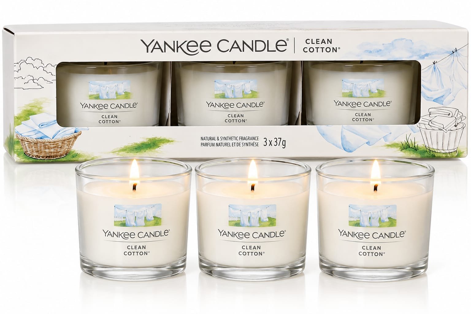 מארז 3 נרות ריחניים Yankee Candle Clean Cotton – ‏3×37 גרם