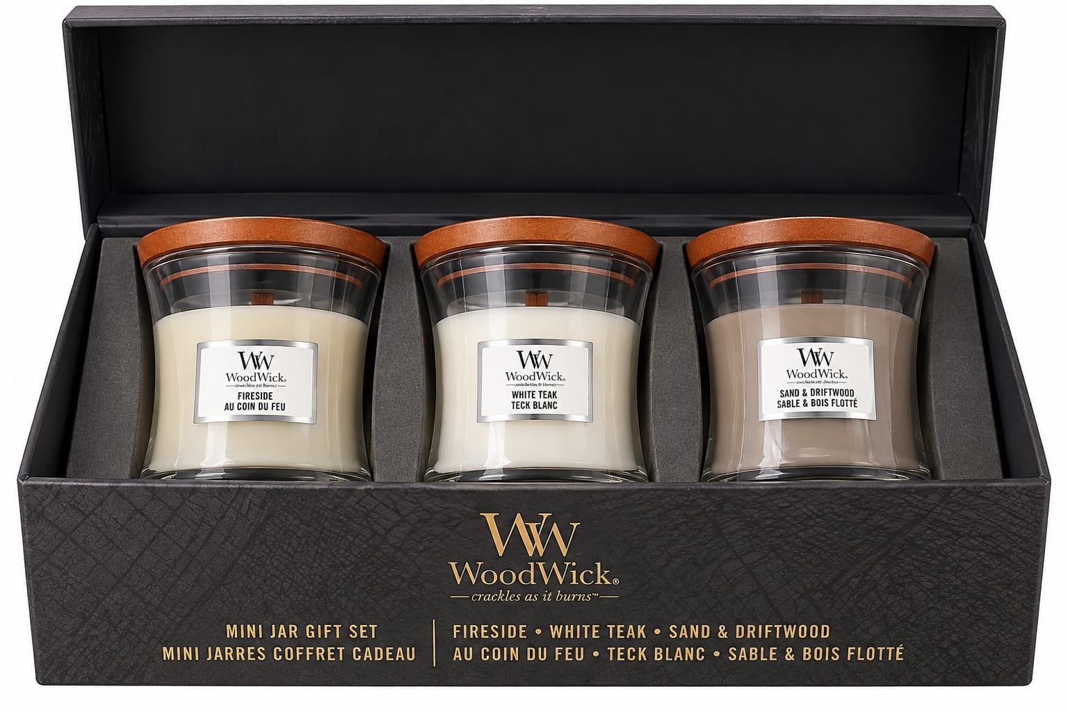 מארז מתנה WoodWick – שלישיית נרות Mini Hourglass בניחוחות עציים