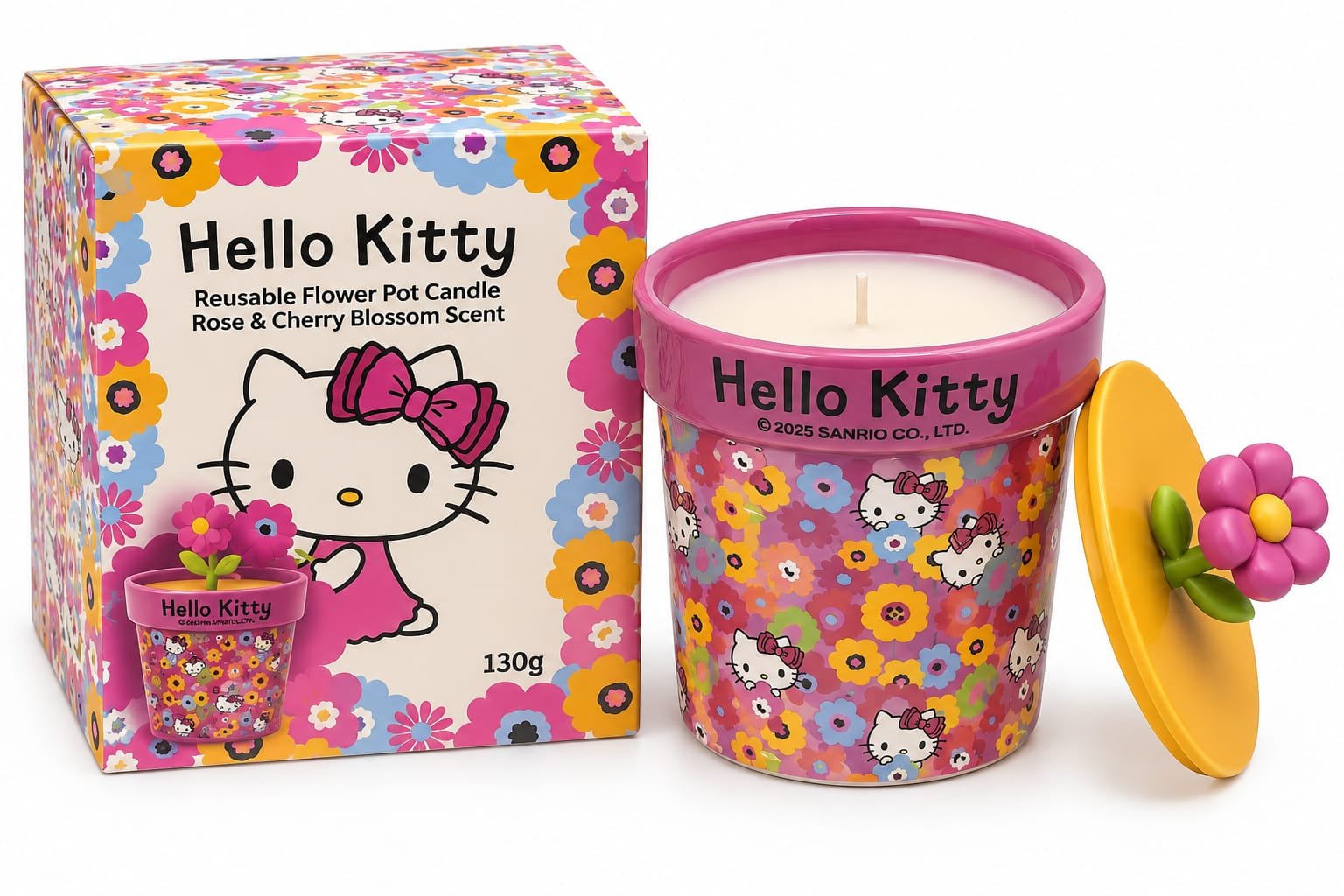 נר ריחני Hello Kitty Rose & Cherry Blossom בעציץ רב־פעמי – 130 גרם