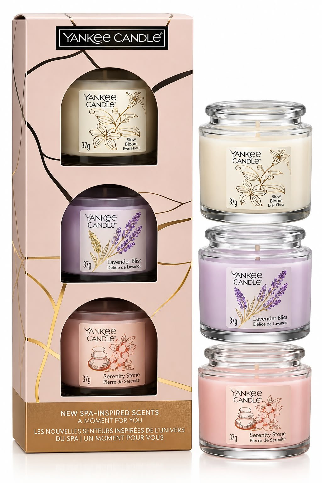 מארז 3 נרות Yankee Candle – Slow Bloom, Lavender Bliss & Serenity Stone