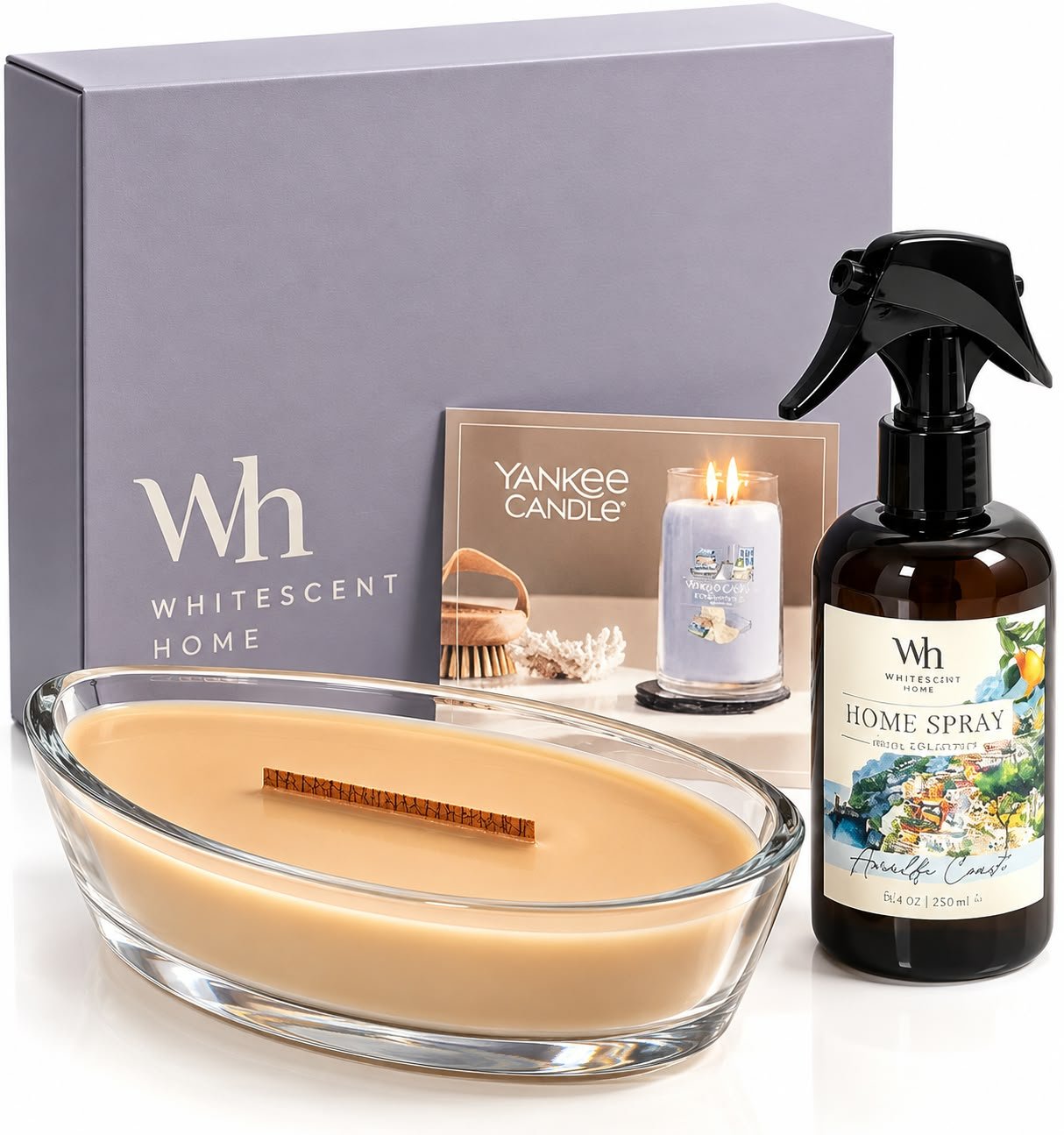 מארז מתנה לבית Whitescent Home – נר עם פתיל עץ + מבשם Amalfi Coast